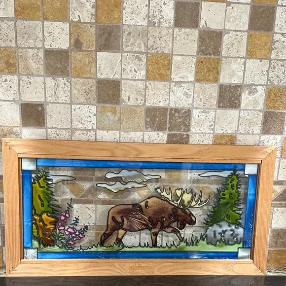 Stained Glass Moose Art with Wooden Frame - Picture 2 of 6